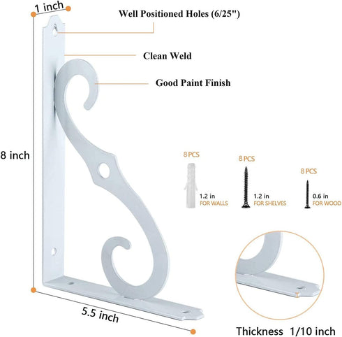 ETECHMART Decorative Shelf Brackets, 8 Inch Wall Mounted Floating Shelf Bracket for DIY Open Shelving, Pack of 4 L Shape Heavy Duty Rustic Iron Metal Corner Brace Shelf Supporter, White
