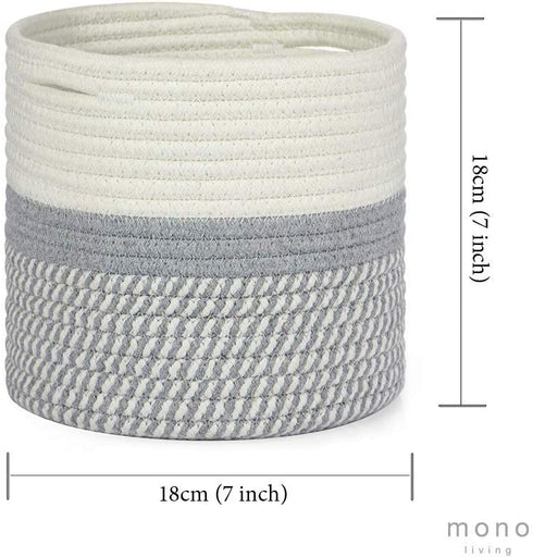 7 Inch Small Plant Basket, Mono Living, Rope Plant Basket Woven Basket for Plant Flower Pot Indoor Planter Boho Decor Small Cotton Rope Basket Grey and White