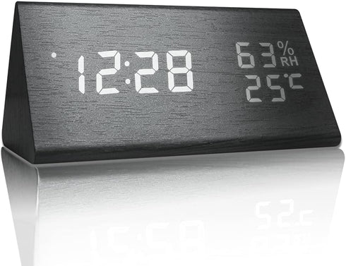 Everwood Wooden Digital Alarm Clock with Electronic LED Time Display, Humidity & Temperature Detect for Bedroom, Bedside (Black Triangle)