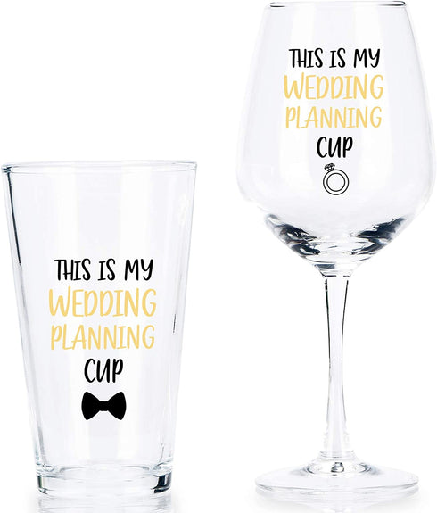 This is My Wedding Planning Cup, Beer Glass and Wine Glass Set for Him Her Couples Newlyweds Engagement Party Wedding Valentine's Day, Novelty Wedding Gift Idea for Bride and Groom, 15Oz (Set of 2)