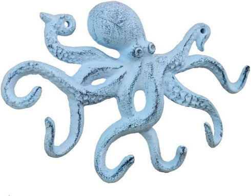 Rustic Dark Blue Whitewashed Cast Iron Octopus Hook 11 Inch - Decorative Hook - Sealife Metal Wall Hook
