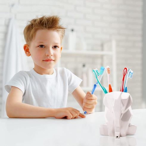 LUMI Kids Toothbrush Holder For Bathroom - Ceramic Elephant Toothbrush Holder, Drainer, Dryer - Multifunctional, Cute and Funny Cutlery Drainer, Silverware Drainer, Utensil Drying Caddy - White color