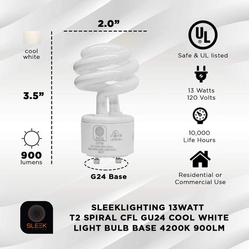 SLEEKLIGHTING - 13Watt GU24 Base 2 prong light bulbs- UL approved-120v 60Hz - Mini Twist Lock Spiral -Self Ballasted CFL Two Pin Fluorescent Bulbs- 4200K 900lm Cool White 4pack (60Watt Equivalent)