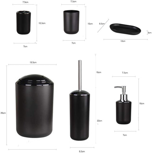 IMAVO Bathroom Accessories Set, 6-Piece Plastic Gift Set, Toothbrush Holder, Toothbrush Cup, soap Dispenser, soap Dish, Toilet Brush Holder, Trash can (Black)