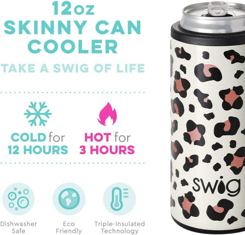 Swig Life Skinny Can Cooler, Stainless Steel, Dishwasher Safe, Triple Insulated Slim Can Sleeve for 12oz Tall Skinny Can Beverages in Luxy Leopard Print