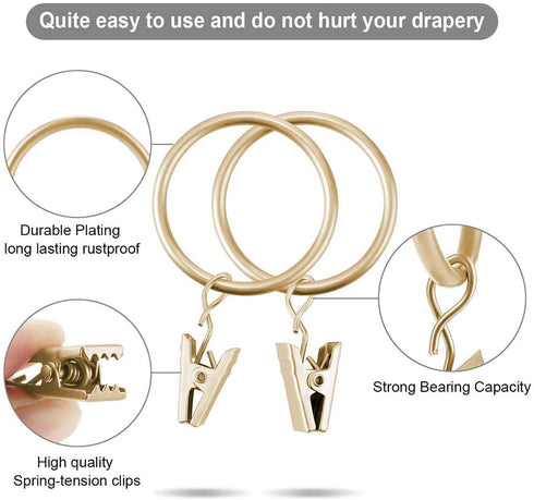 Fivebop 40 Pack Rings Curtain Clips Rustproof Metal Window Drapery Clip Vintage Heavy Duty Eyelet Curtain Rods Hangers Rings with Hooks, 1.25In Inner Diameter(Golden)