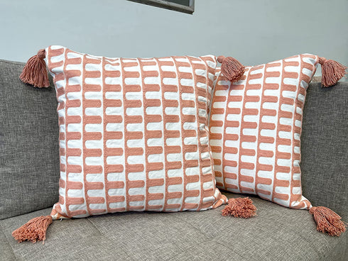 KEMA Cotton Decorative 20x20 Square Throw Pillow Cover, Peach Pink Boho Throw Pillow Covers with Tassels, Woven Tufted Fall Pillow Covers for Couch Bedroom Living Room Car (NO Insert, 2 Pcs)