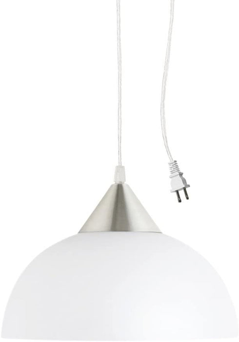 Globe Electric 64413 Amaris 1-Light Plug-In Pendant, Brushed Steel, Frosted White Shade, 15ft Clear Cord, In-Line On/Off Switch
