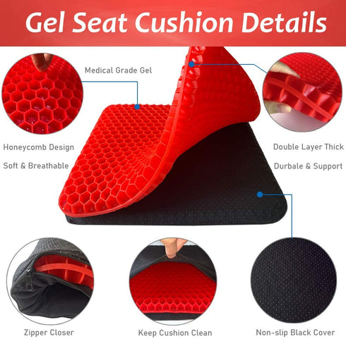 Gel Seat Cushion Double Thick Gel Support Cushions, Breathable Honeycomb Chair Mats Wheelchair Pads for Back Pain, Tailbone, Coccyx, Pressure Sores and Sciatica Relief (Red)