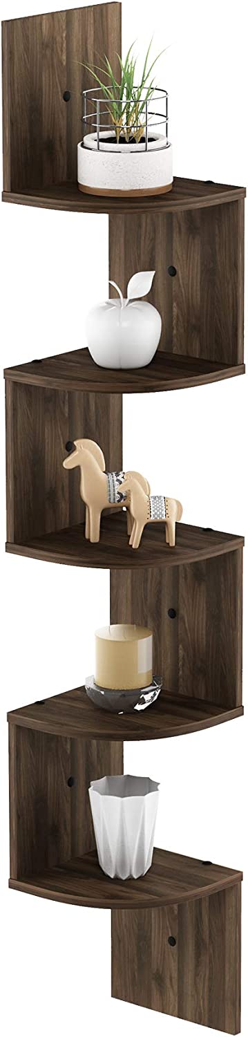 Furinno Rossi Wall Mount Floating Corner Shelf, 5-Tier Radial, Columbia Walnut