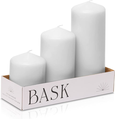 Cone Top Pillar Candles by Bask - Set of 3 - 3" x 4", 6", and 8" Dripless Unscented Candles in White for Home Decor, Relaxation & All Occasions