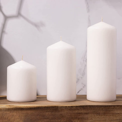 Cone Top Pillar Candles by Bask - Set of 3 - 3" x 4", 6", and 8" Dripless Unscented Candles in White for Home Decor, Relaxation & All Occasions
