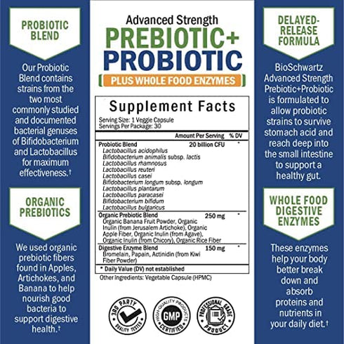 Prebiotics and Probiotic with Whole Food Enzymes for Adults Women & Men - Probiotics Lactobacillus Acidophilus - Digestive Health Capsules Shelf Stable Supplement - Non-GMO Gluten & Dairy Free - 30ct