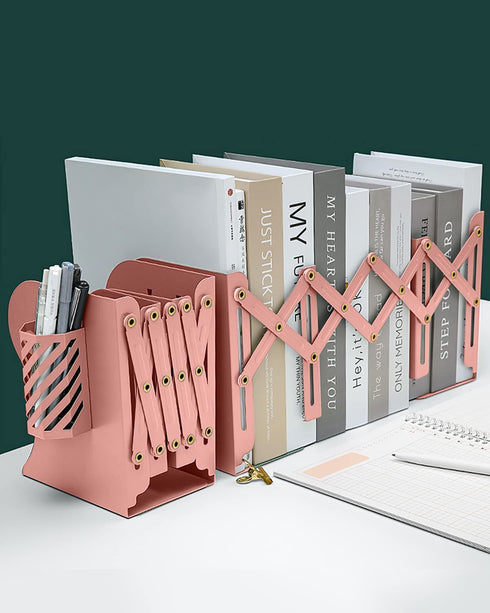 Expandable Bookend, Extra Long Telescopic Size Adjustable Bookends with Pen Holder, Metal Bookends Holder for Heavy Duty Books, Book Ends for Shelves & Office, Pink
