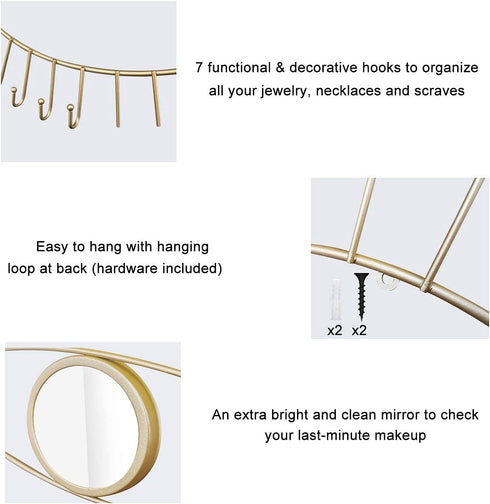 Urban Deco Eye Shaped Wall Mounted Jewelry Organizer Mirror with 7 Necklace Hooks, Evil Eye Mirror Wall D©cor, Metal Jewelry Holder Gold Necklace Holder Organizer