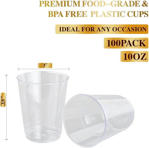 FOCUSLINE 100 Pack Clear Plastic Cups 10 oz Disposable Cups Heavy Duty Plastic Tumblers, Reusable Clear Hard Plastic Cups Tumblers for Wedding, Thanksgiving, Halloween, Christmas Party