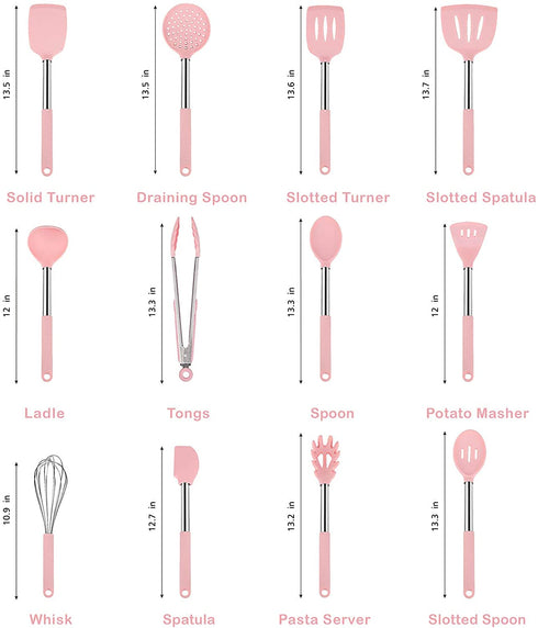 Rorence Kitchen Utensil Cooking Utensil Set for Baking Mixing: 12 Pieces Kitchen Gadgets Non-Stick & Heat Resistance Silicon and Stainless Steel Handles (Utensil Holder Not Included) - Pink