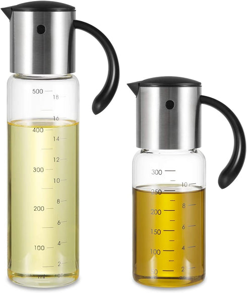 Extra Large Olive Oil Dispenser Bottle - Auto Flip Condiment Container With Automatic Cap and Stopper - Leakproof Vinegar Glass Cruet (300 ml and 500 ml a set)