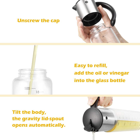 Extra Large Olive Oil Dispenser Bottle - Auto Flip Condiment Container With Automatic Cap and Stopper - Leakproof Vinegar Glass Cruet (300 ml and 500 ml a set)