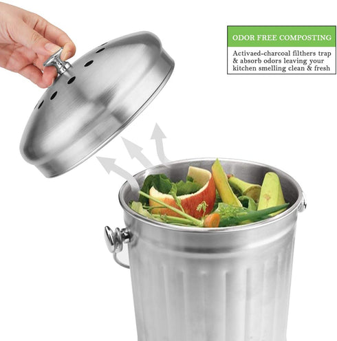 ENLOY Compost Bin, Stainless Steel Indoor Compost Bucket for Kitchen Countertop Odorless Compost Pail for Kitchen Food Waste with Carrying Handle 1.3 Gallon Easy to Clean