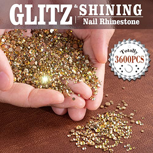 3600pcs Metal Sunlight/Gold Round Rhinestones 1.8-4mm Flatback for Manicure, 6 Multi Sizes Nail Art Shine Crystal Gem Diamond Bling Set with Tweezer and Pickup Pencil