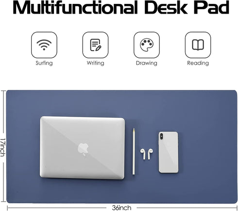 Leather Desk Pad Blotter,Wolaile 36x17 inch Big Keyboard Mouse Pad,Waterproof Non-Slip Writing Desk Computer Mat Desktop Protector for Office Home,Blue