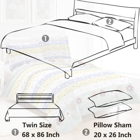 3-Piece Girls Floral Heart-Shaped Striped Quilt Set Twin with Shams,Blue Yellow White Stripe Daisy Flowers Bedspread Coverlet Bedding Set Lightweight Blanket Bed Cover for All Seasons (Blue,Twin)