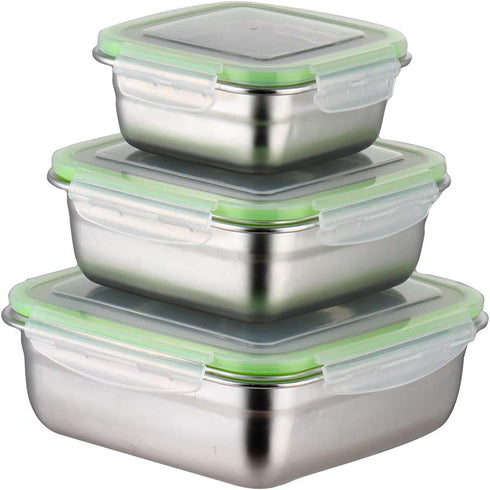 304 Stainless Steel Square Food Storage Lunch Box Containers Eco-Friendly & Reusable Snack Food Leak Proof Nesting Containers for Kids & Adults | Set of 3 Metal Lunch Sandwich Container, Snack Boxes