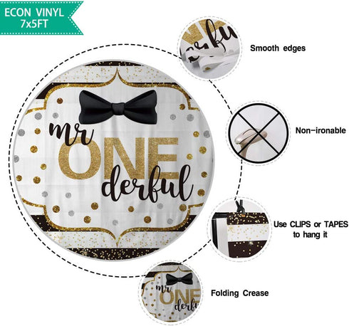 Allenjoy Mr Onederful Happy 1st Birthday Backdrop Gold Glitter Dot Black White Stripe Bow Tie Little Man First Bday Party Cake Table Decoration Banner Background 7x5ft Photo Shoot Booth Props Banner