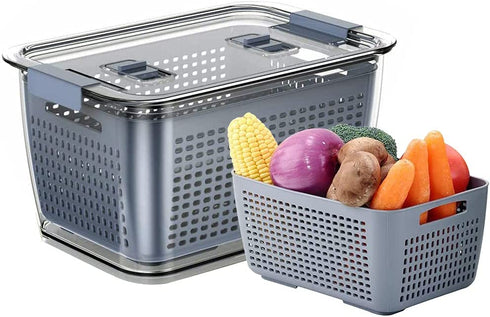 Fresh Produce Saver Container Mesh Sieve Storage Organizer Filter Basket Fresh Vegetable Fruit Draining Crisp Keep Vegetables Fresh Easy to Clean (Grey-1.7 L)