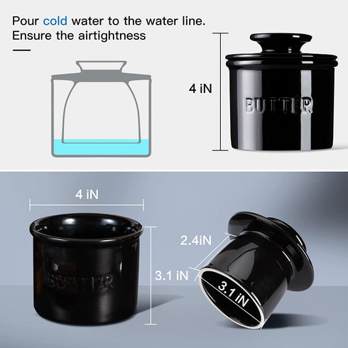 Warome Butter Holder, French Butter Crock for Counter, Farmhouse Butter Keeper With Water Line French Butter Dish with Lid, Perfect Spreadable Consistency(Black)