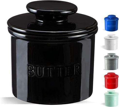 Warome Butter Holder, French Butter Crock for Counter, Farmhouse Butter Keeper With Water Line French Butter Dish with Lid, Perfect Spreadable Consistency(Black)