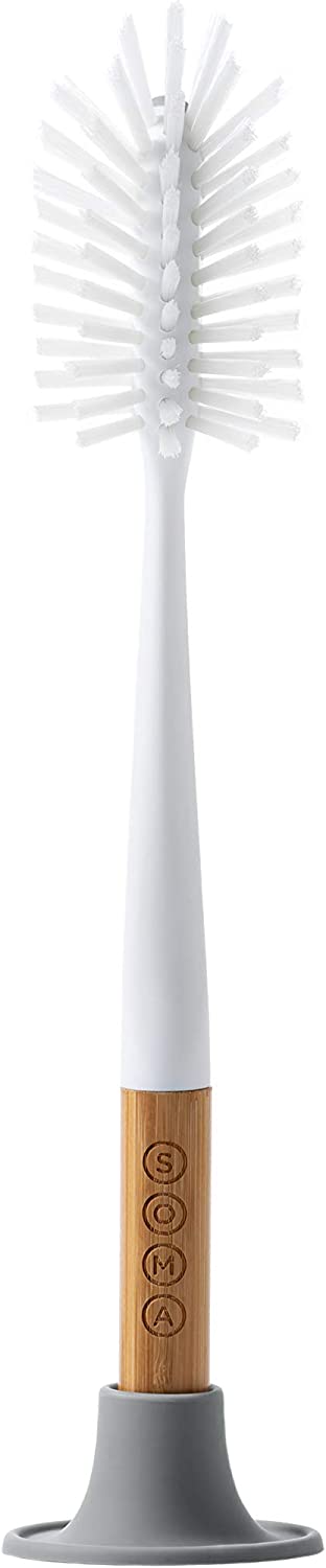 SOMA Long, Curved-Head Bottle Brush with Silicone Stand and Bamboo Handle, 14"", Gray"