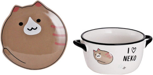 White and Brown Ceramic Japanese Bowl with Lid and Mini Handles, Neko Lucky Cat Microwavable Dish for Noodles and Rice, 5 3/4 Inches