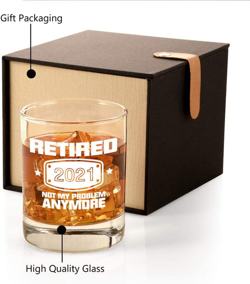 2021 Retirement Gifts for Men, Funny Retired 2021 Not My Problem Any More Whiskey Glass Gift, Happy Retirement Gifts for Office Coworkers, Boss, Dad, Husband, Brother, Friends