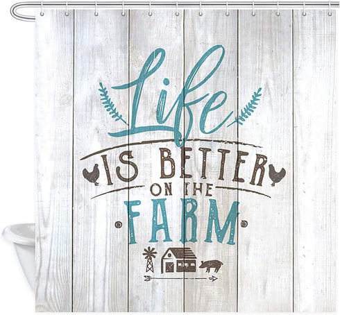 Farm Sweet Farm Farmhouse Animals Rooster Shower Curtain for Bathroom, Life is Better on The Farm Chicken and Pig with Barn House on Vintage Wood Shower Curtain with Hooks, (69" WX70 H)