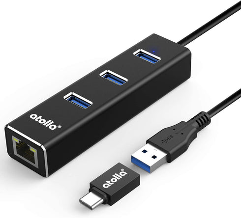 USB 3.0 Hub Ethernet with USB C Adapter, 3 Port USB 3.0 Splitter Gigabit Ethernet Hub + USB C HUB Network RJ45 1000Mbps USB Extender