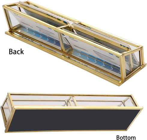 Hipiwe 4 Slots Glass Business Card Holder Stand - Vintage Gold Metal Name Card Display Stand Office Desktop Countertop Business Card Organizer