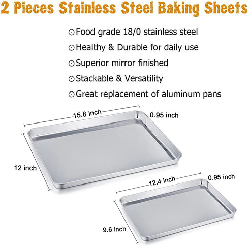 TeamFar Baking Sheet Cookie Sheet Set of 2, Pure Stainless Steel baking Pan Tray Professional, Non Toxic & Healthy, Mirror Finish & Rust Free, Easy Clean & Dishwasher Safe