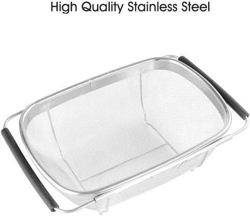 HOJKMA Over the Sink Colander, 4 Quarts Stainless Steel Expandable Oval Strainer Basket Colander with Rubber Grip Handles Fine Mesh Colander for Kitchen Sink, Strain, Drain, Rinse Fruits, Vegetables