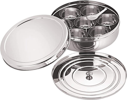 Spice Container - Masala Dabba - 7 Compartments, masala box,steel masala dabba,Spice container box,stainless steel spice box indian masala dabba with 7 spice containers with size 8 X 8 inches (1)
