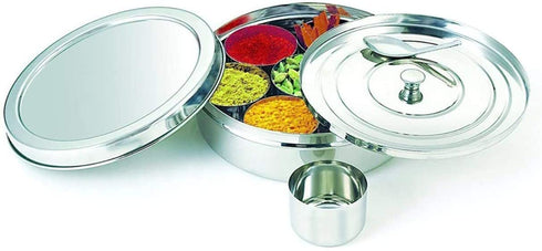 Spice Container - Masala Dabba - 7 Compartments, masala box,steel masala dabba,Spice container box,stainless steel spice box indian masala dabba with 7 spice containers with size 8 X 8 inches (1)