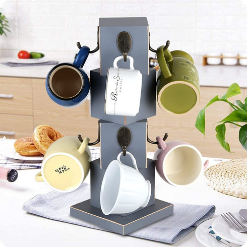 Wood Farmhouse Coffee Mug Stand,Solid Coffee Cup Holder,Rustic Wooden Cup Mug Tree for Counter,Coffee Bar Rack for 8 Mugs (Gray)