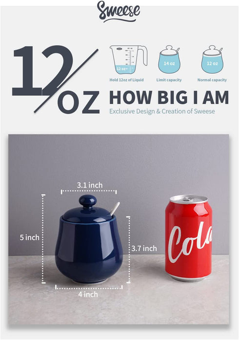 Sweese 480.103 Porcelain Sugar and Creamer Set, Coffee Serving Set, 3 Piece with Cream Pitcher, Sugar Bowl with Lid and Spoon, Navy