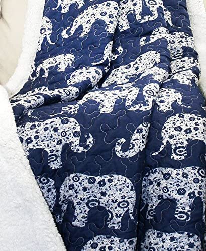 Lush Decor Navy Elephant Parade Throw Fuzzy Reversible Sherpa Blanket 60? x 50 White, 60 x 50