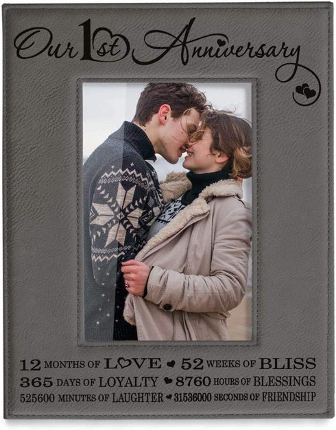 KATE POSH Our First (1st) Anniversary Engraved Leather Picture Frame - Gifts for Couple, Gifts for Him, Gift for Her, Paper, Photo Frame, First Wedding (4x6-Vertical)