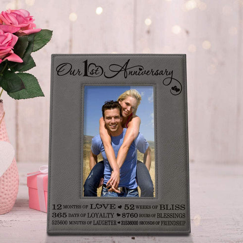KATE POSH Our First (1st) Anniversary Engraved Leather Picture Frame - Gifts for Couple, Gifts for Him, Gift for Her, Paper, Photo Frame, First Wedding (4x6-Vertical)