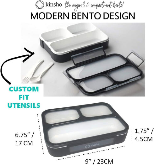 Bento Lunch Box For Adults, Kids | Leakproof Meal Prep Portion Control Boxes Japanese Style for Boys Teens 3 Compartment Slim Container For Work, School | Eco-friendly Divided Containers, Grey - Black