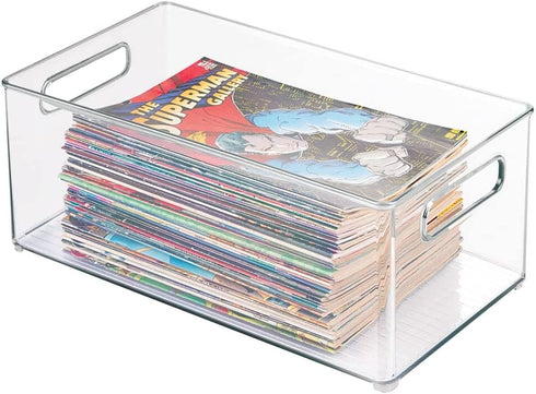 mDesign Deep Plastic Storage Organizer Container Bin, Game and Comic Organization for Cabinet, Cupboard, Playroom, Shelves, or Closet - Holds Video Games, Tablets, DVDs, or Controllers, Clear