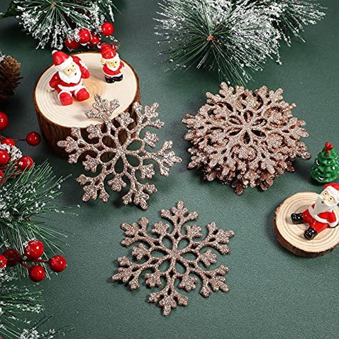 Blulu 50 Pieces Plastic Snowflake Ornaments Glitter Snowflake Christmas Tree Hanging Decorations with 50 Pieces Hooks for Winter Home Wonderland Decor Xmas Party Favors Supplies (Rose Gold)